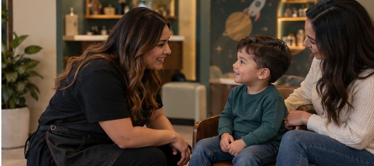 Estilista conversando a la altura de un niño acompañado de su madre