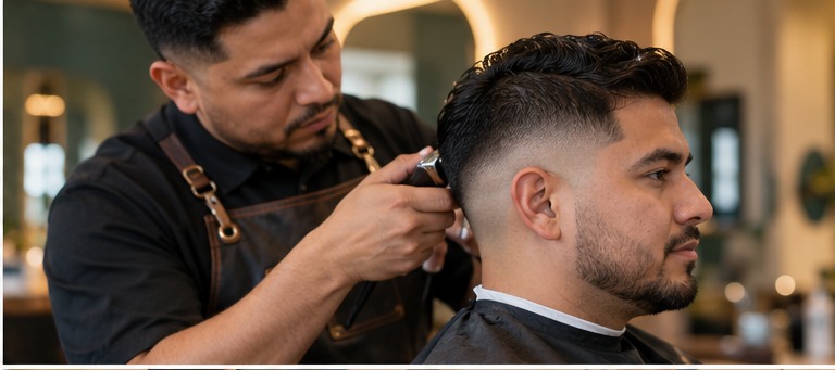 Barbero realizando un corte degradado