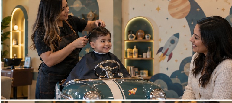 Corte infantil en un sillón con forma de auto