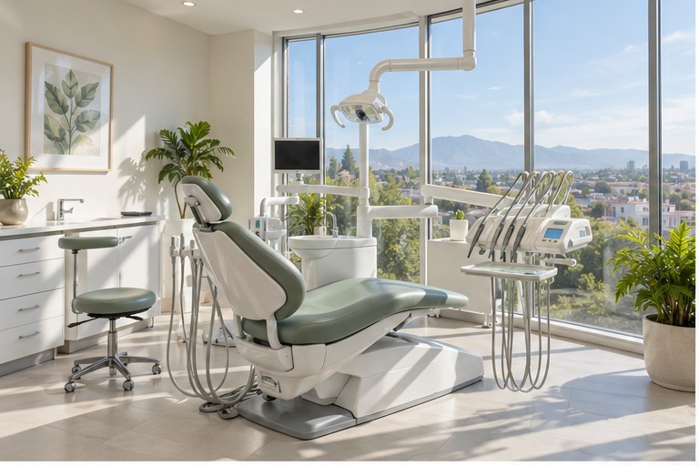 Consultorio dental luminoso con equipo de atención
