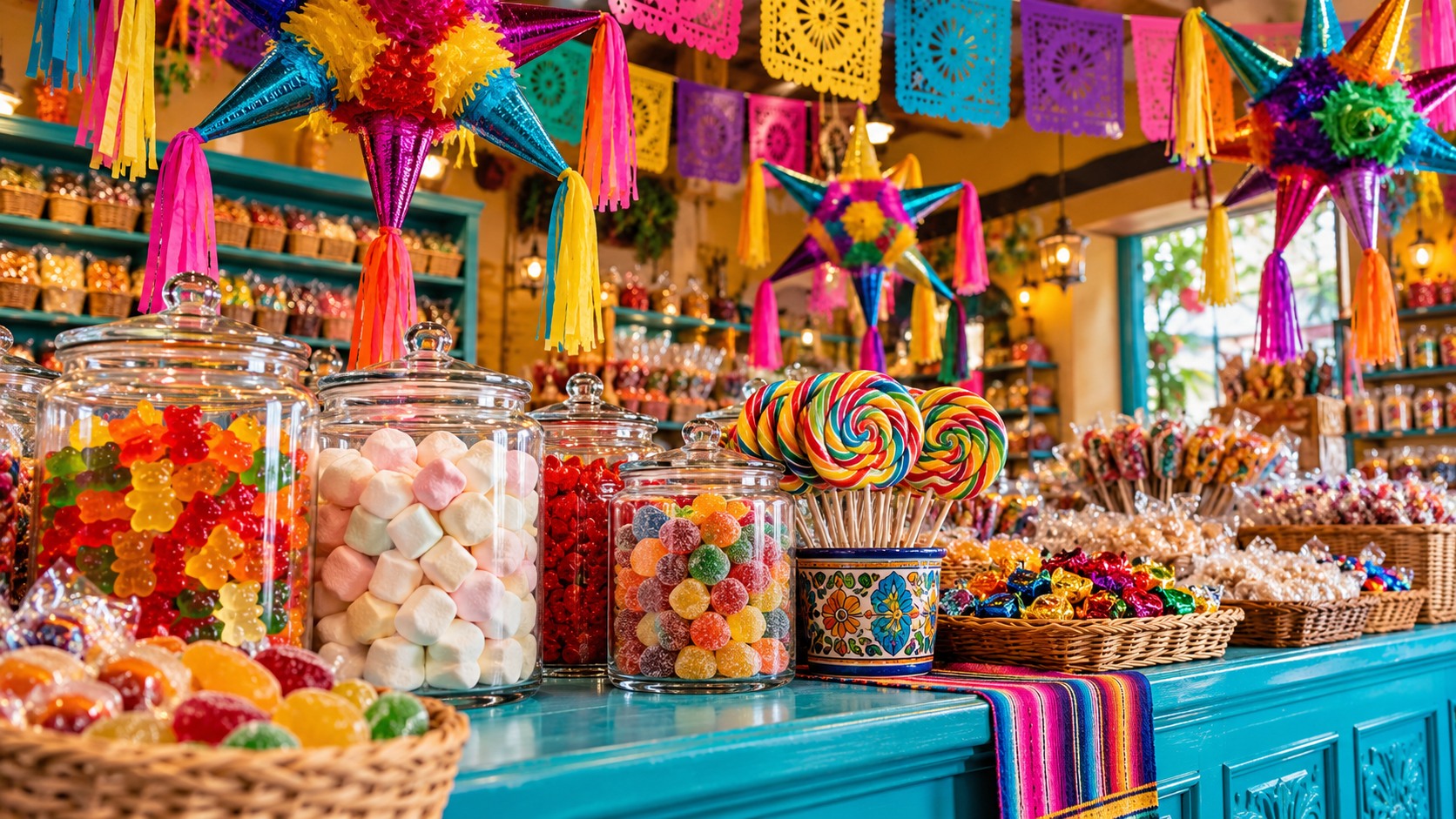Dulcería colorida con piñatas, paletas y dulces