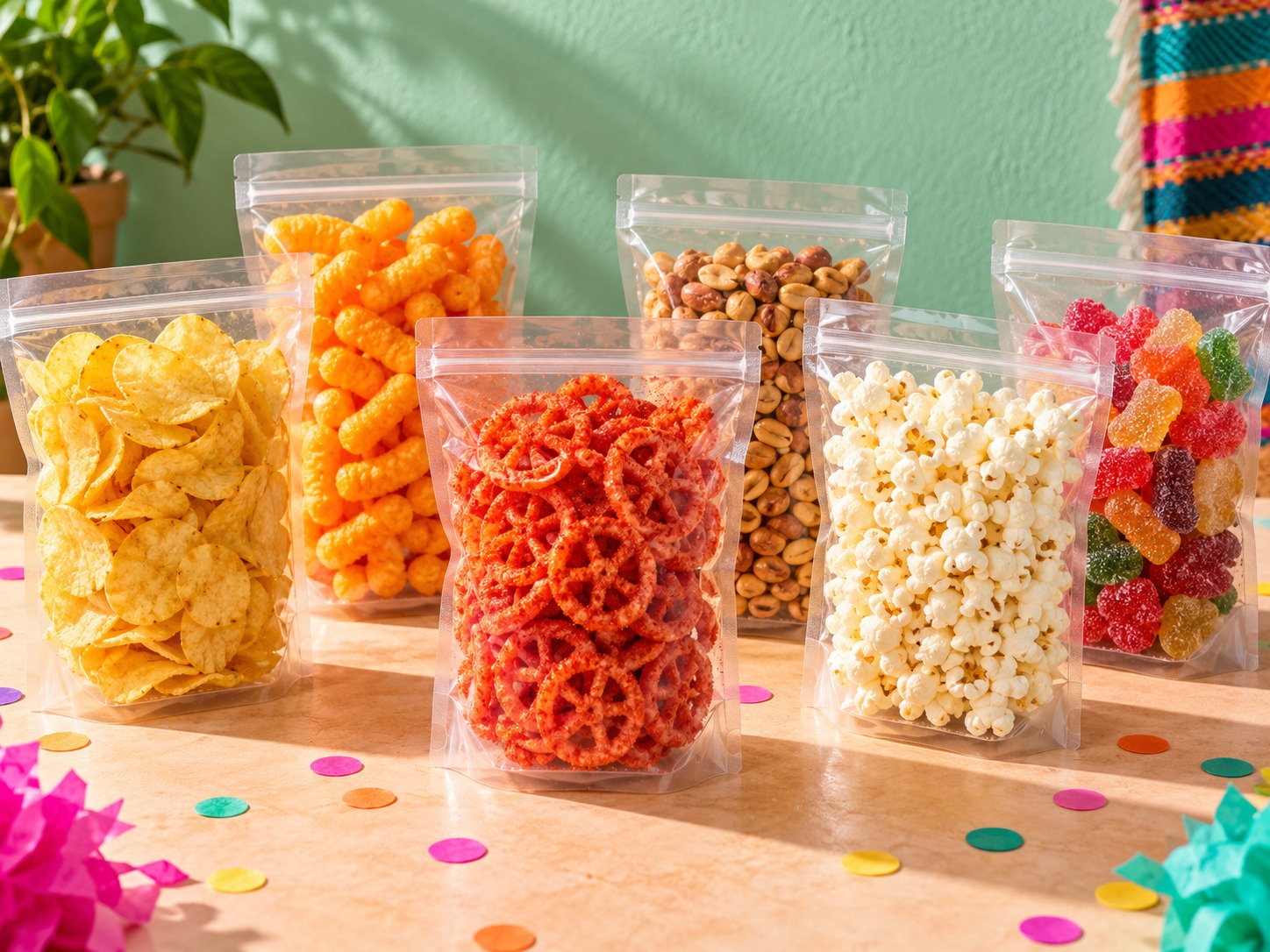 Surtido de cacahuates y frituras en bolsas transparentes