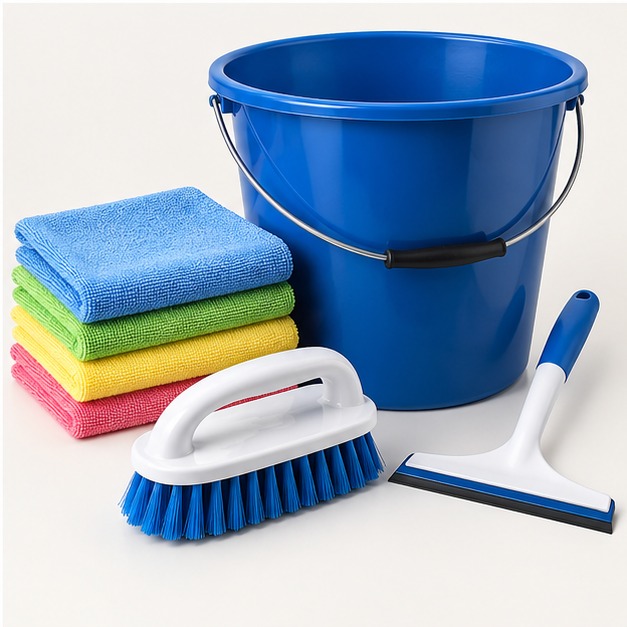Paños de microfibra, cepillos, cubetas y jaladores para complementar los artículos de limpieza del hogar.