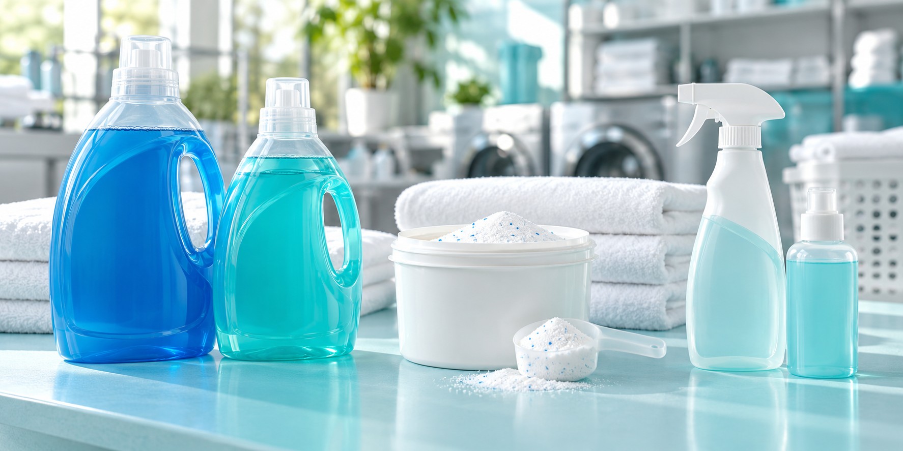 Botellas de detergente líquido, jabón en polvo y productos para tratar manchas en un ambiente de lavandería