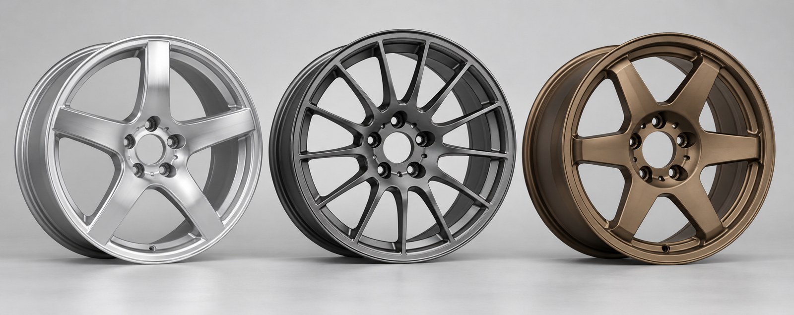 Rines de aluminio plateado de cinco brazos, grafito multibrazo y bronce todoterreno