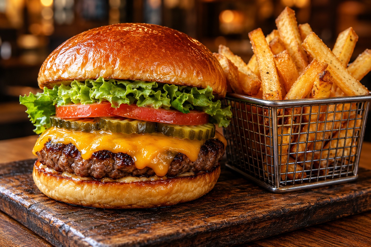 Hamburguesa con queso, vegetales y papas a la francesa